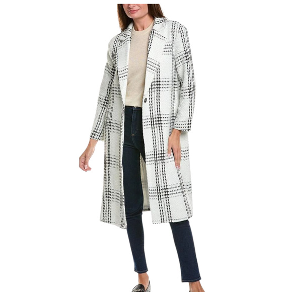 Vince Camuto Women’s Plaid Tweed Coat Size Small Ivory Black Longline Jacket - Picture 1 of 9